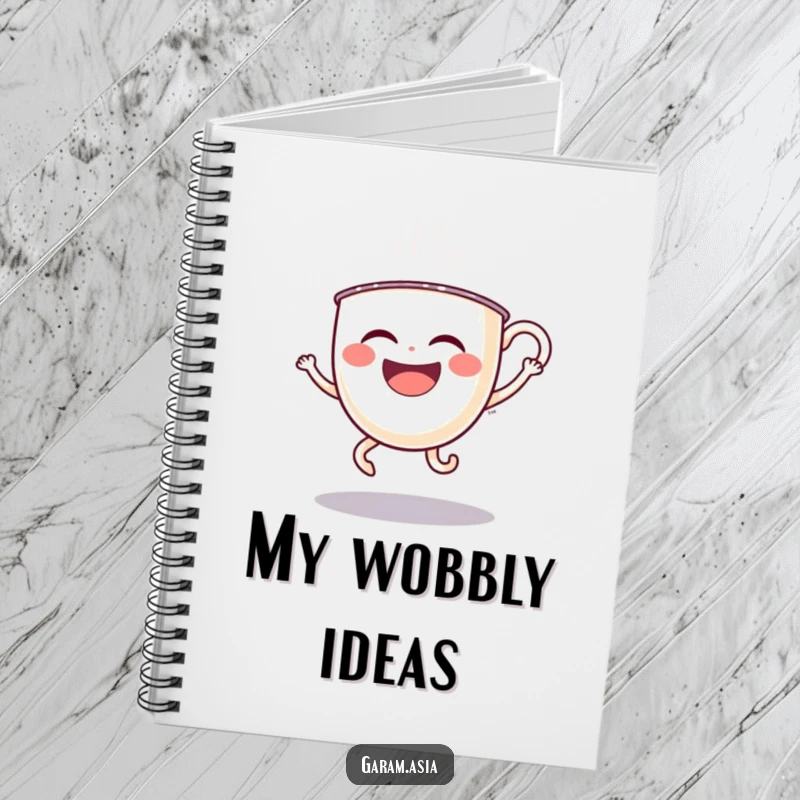A lined notebook showcasing a funny, laughing boba tea cup with wobbly legs doing a silly hop; ideal for capturing notes.