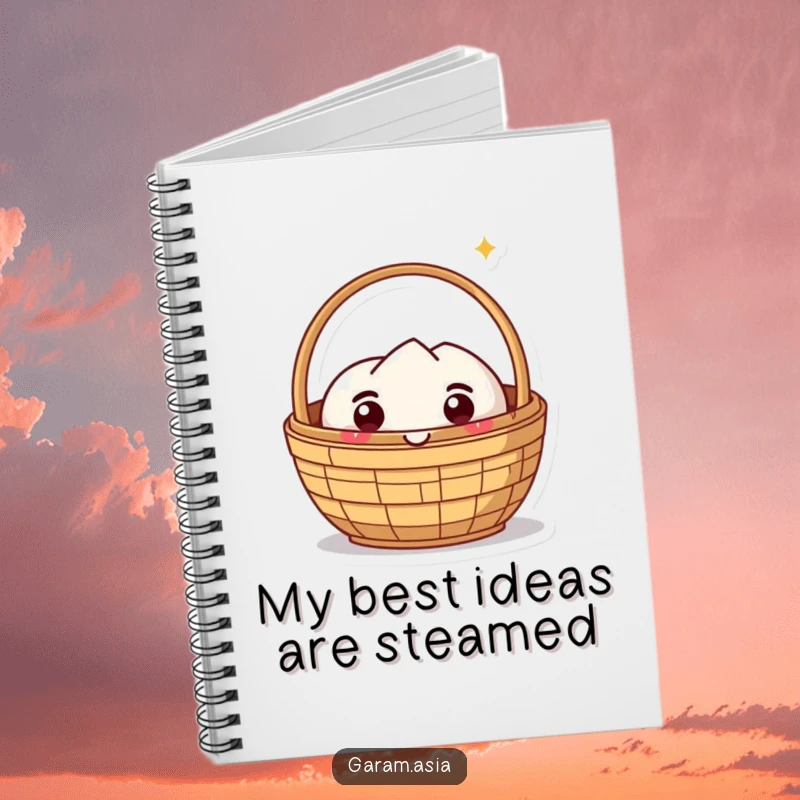 Funny notebook with a kawaii dim sum basket character showing pure delight. Ideal for jotting down funny thoughts or ideas.
