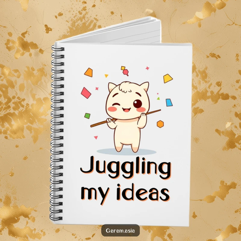 Funny notebook featuring a Kawaii chopsticks character juggling abstract shapes, ideal for jotting down ideas and creative plans.