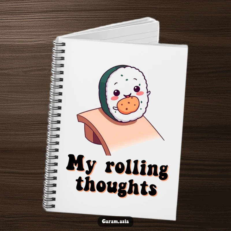 Funny kawaii smiling sushi roll character rolling down a ramp on the cover of a notebook.