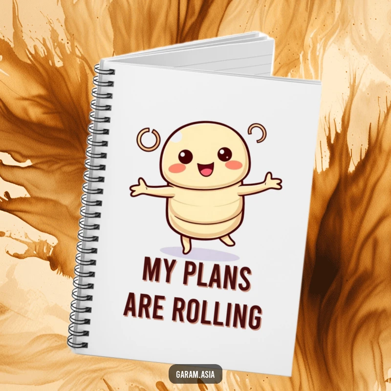 Funny notebook with a kawaii spring roll character in a cheerful twirl. Perfect for doodling or writing fun ideas.