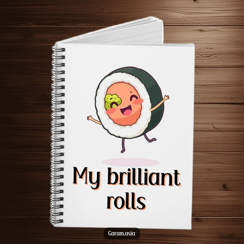 A lined notebook showcasing a funny, smiling sushi roll with tiny legs performing a joyful cartwheel; ideal for capturing notes.
