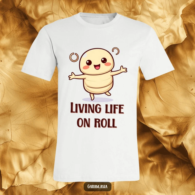 Funny t-shirt displaying a kawaii spring roll character captured in a cheerful twirl with looping lines. A fun and funny present.