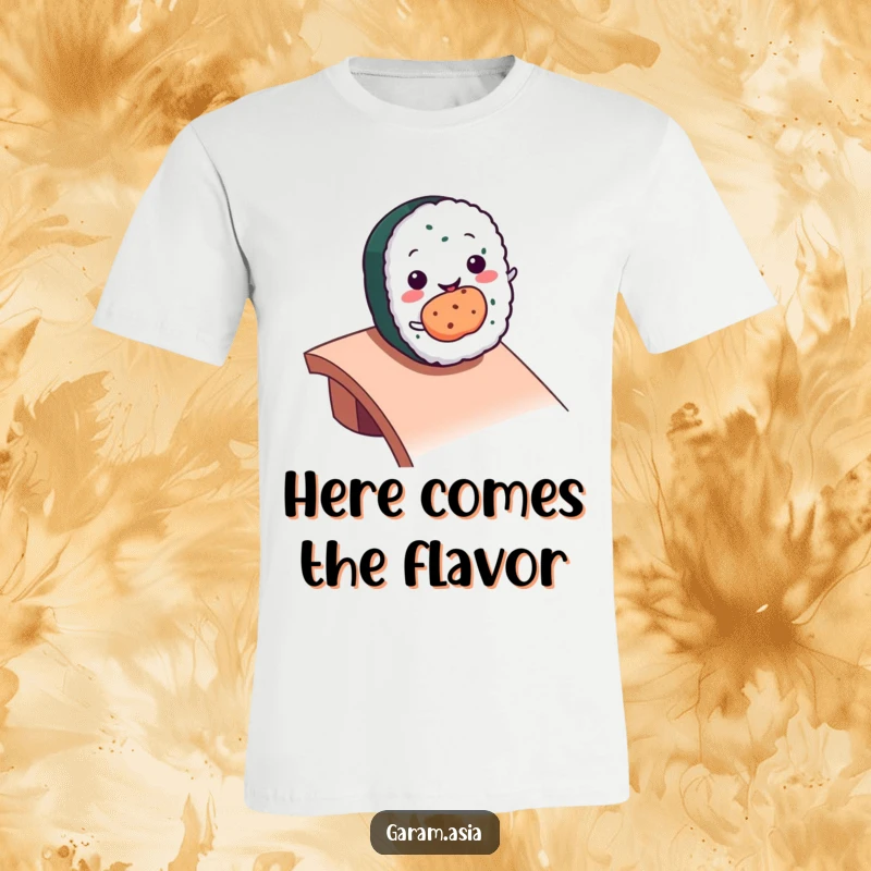 Funny kawaii smiling sushi roll character in motion, rolling down a ramp on a comfortable t-shirt.