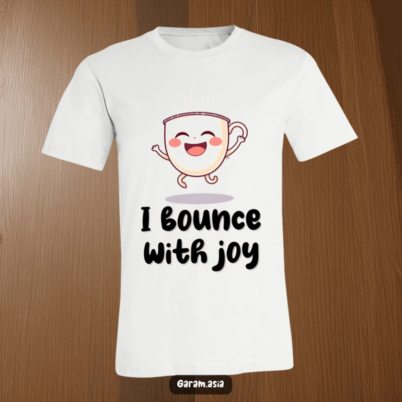 A funny t-shirt featuring a laughing boba tea cup with wobbly legs gleefully doing a silly hop; a humorous graphic tee.