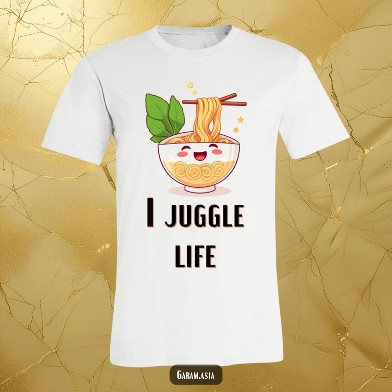 A funny t-shirt featuring a cheerful bowl of ramen expertly juggling chopsticks with glee; a humorous graphic tee for foodies.