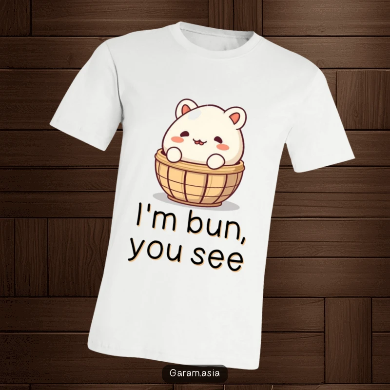 A funny t-shirt featuring a mischievous bao bun character peeking out from behind a steaming basket; a humorous graphic tee.