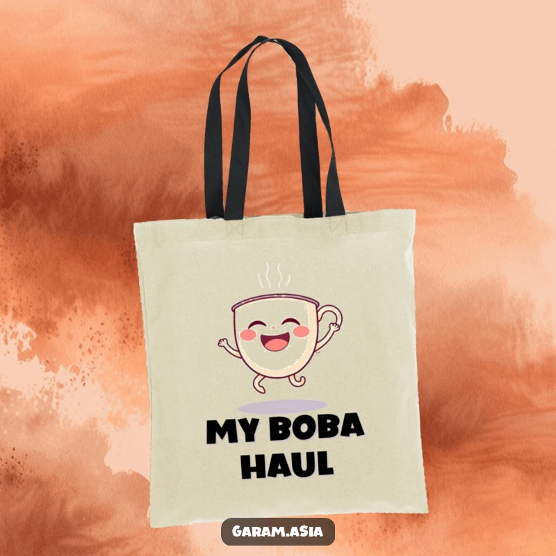 A durable tote bag featuring a laughing boba tea cup with wobbly legs doing a silly hop; perfect for carrying treats.