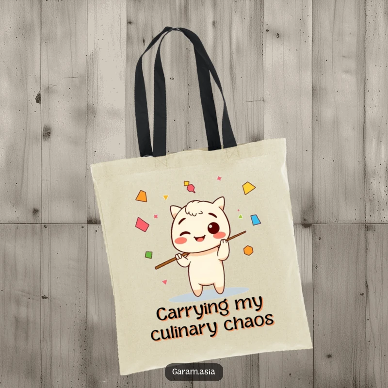Funny tote bag with a Kawaii chopsticks character juggling abstract shapes, perfect for carrying essentials with artistic and cute flair.