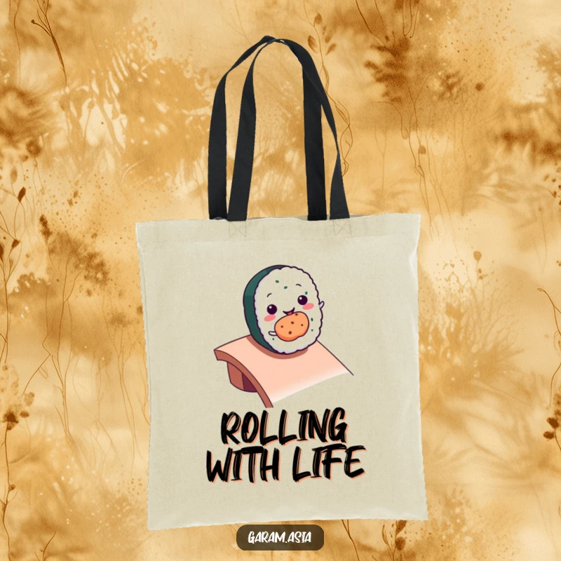 Funny kawaii smiling sushi roll character rolling down a ramp on a durable tote bag.
