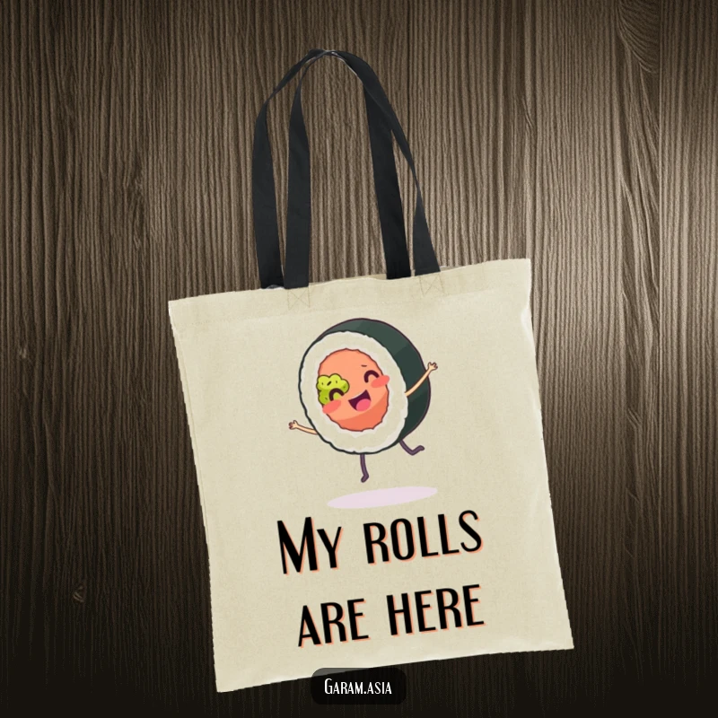 A durable tote bag featuring a funny, smiling sushi roll with tiny legs performing an energetic cartwheel; great for grocery shopping.