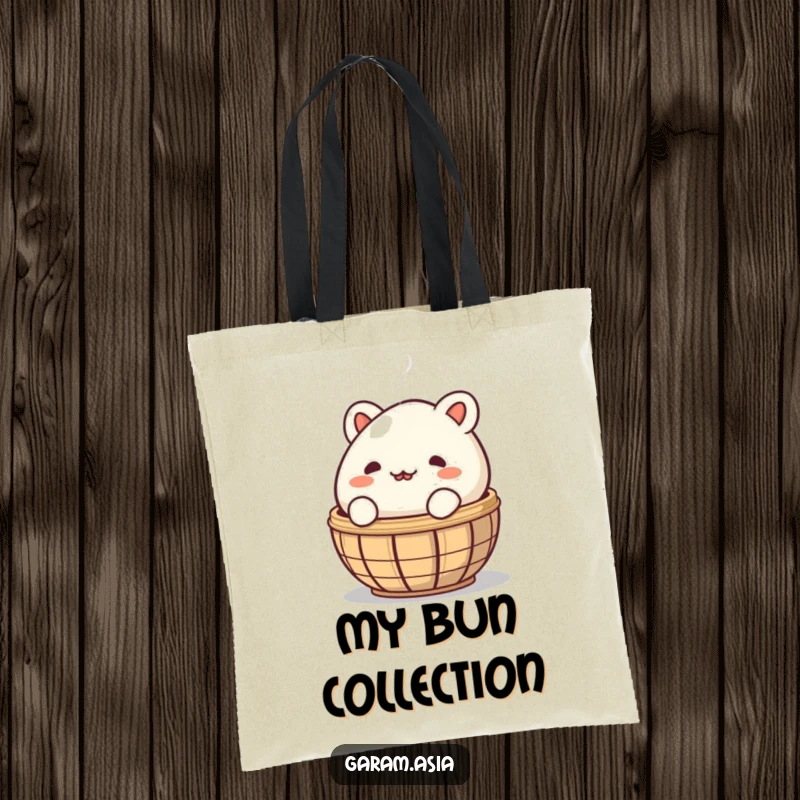A durable tote bag featuring a mischievous bao bun peeking out from behind a steaming basket; great for carrying treats secretly.