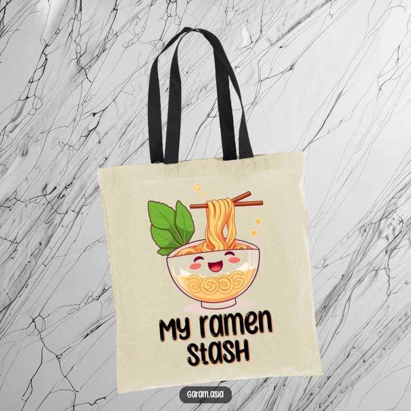 A durable tote bag featuring a cheerful bowl of ramen juggling chopsticks; great for grocery shopping or carrying lunch.
